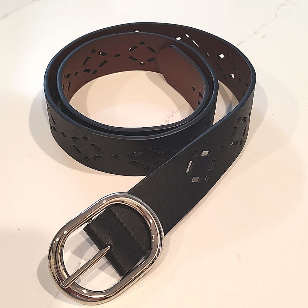 Lazer Cut Reversible Black/Brown Belt Silver Buckle